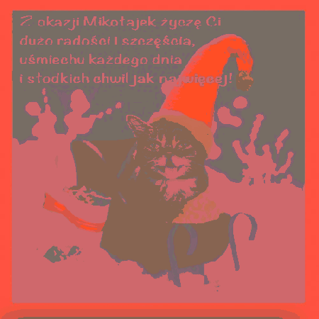 Śmieszny kot w saniach z życzeniami na mikołajki